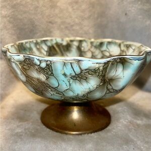Vintage Delft Turquoise gold marbled bowl on pedestal. No chips or breaks.